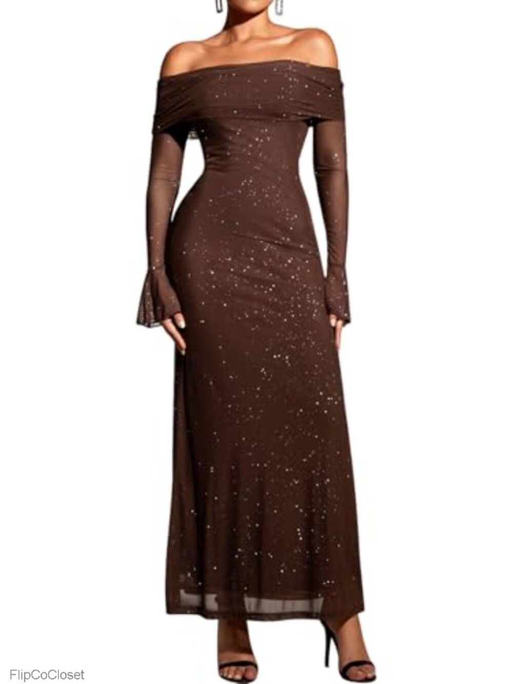 Off Shoulder Long Sleeve Bodycon Maxi Formal Wedding Guest Dress